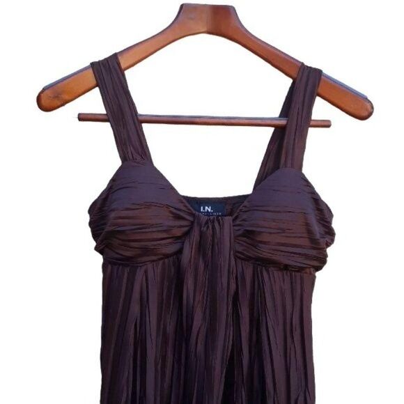 Vtg 90s Mini Dress Accordion Crinkle Pleat Empire Knot Flapper Chocolate Sz M - Picture 4 of 8